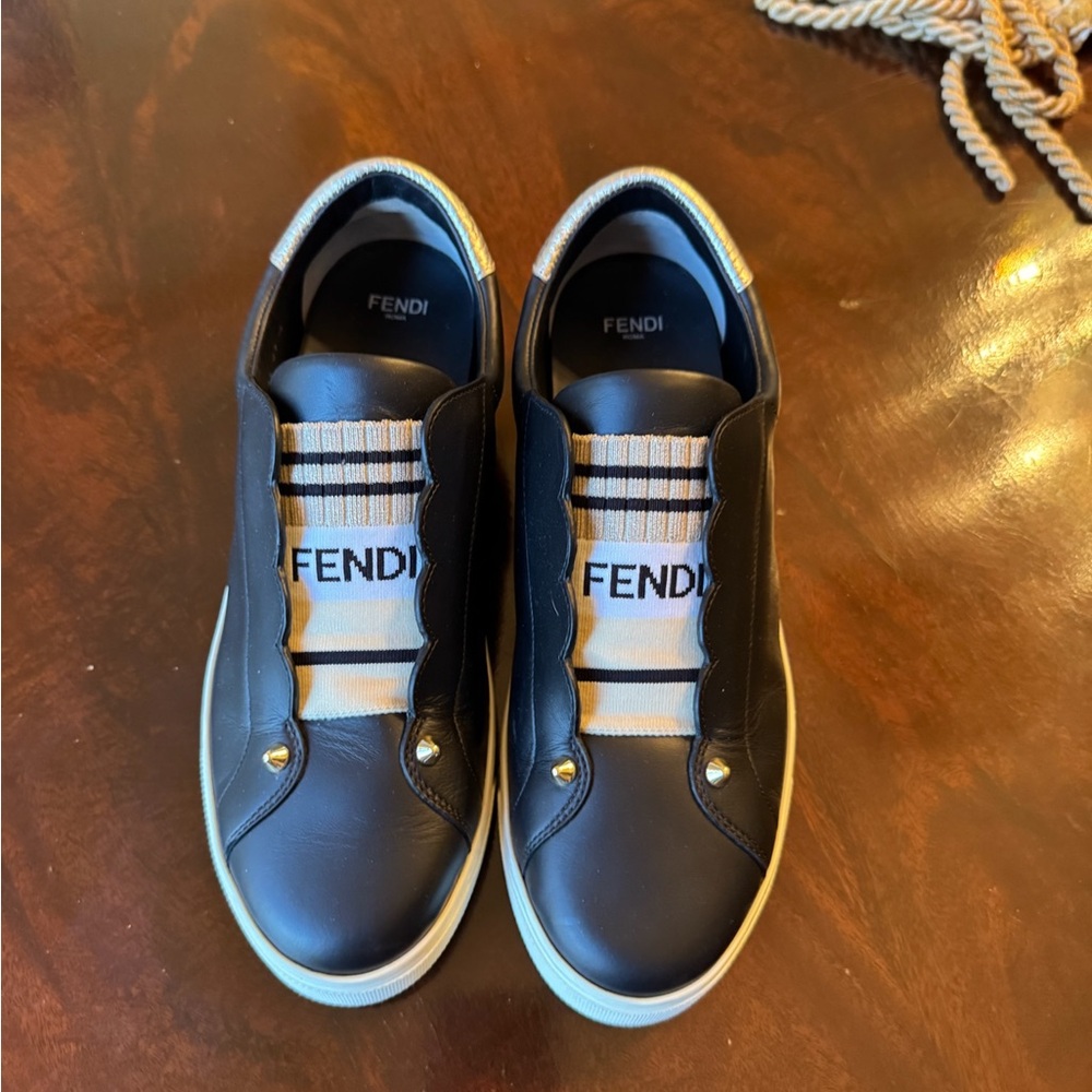 Fendi Black Sneakers with White Strap